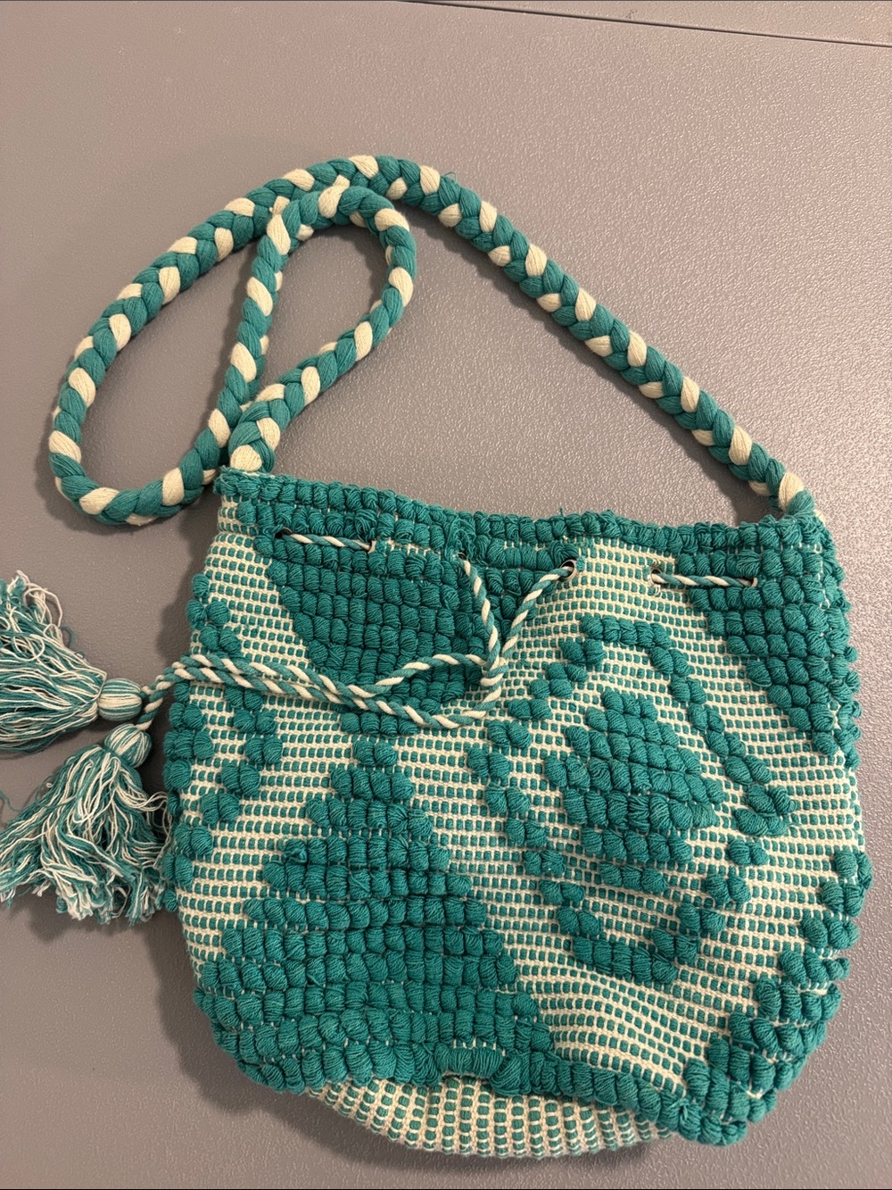 Boho Turquoise Cream 100% Cotton Knit Beach Festival Crossbody Bag Large